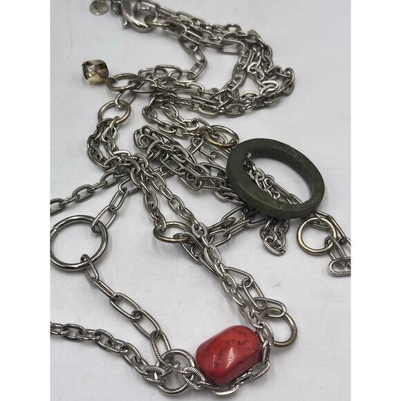 Emily Ray Boho Double Strand Stone Mixed Metal Chains Jade Green Coral Necklace - Picture 6 of 13